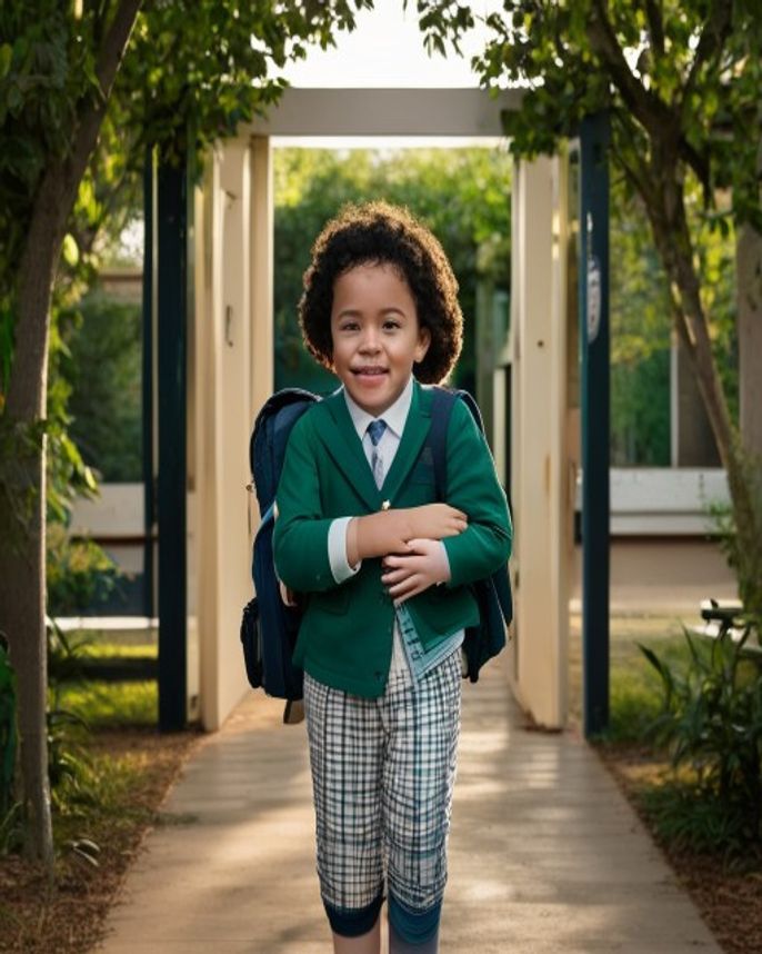 Mãe e filho na entrada da escola